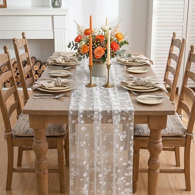 Artoid Mode White Gauze Flocking Flowers Table Runner 10FT, Seasonal Sheer - Image 2