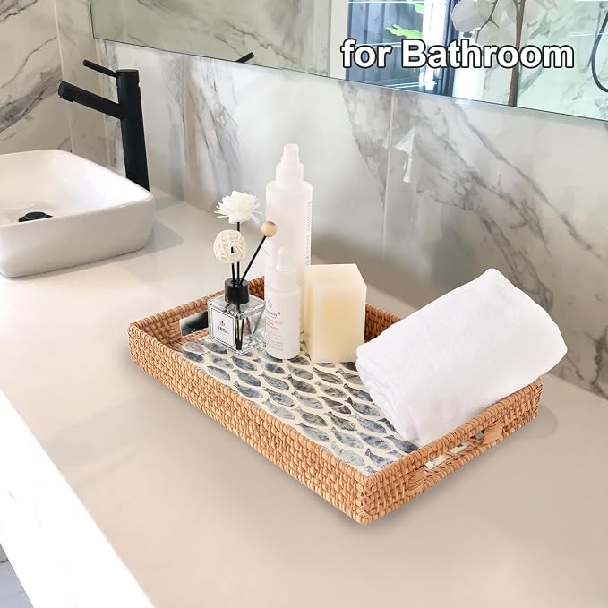 Rectangle Rattan Tray with Mother of Pearl Inlay, Rattan Serving Tray with - Image 6