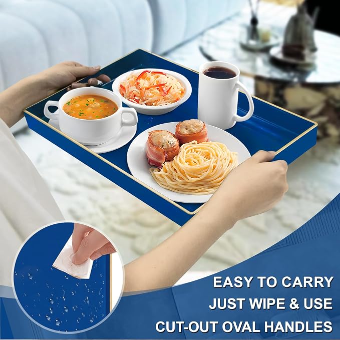Navy Blue Serving Tray with Handles, Plastic Modern Decorative Tray | Rectangle - Image 2