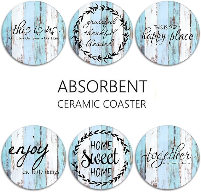 Coasters for Drinks, Ceramic Stone, Vintage Blue | White Wooden Old Absorbent - Image 6