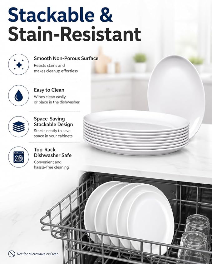 8-Pack Melamine Dinner Plates, 12 Inch Large Oval Serving Platters - Image 4