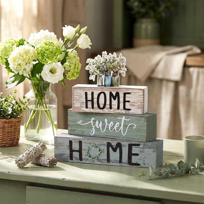 Cinnvoice 4 Pcs Spring Eucalyptus Mason Jar Wooden Block Decor Farmhouse Tiered - Image 2