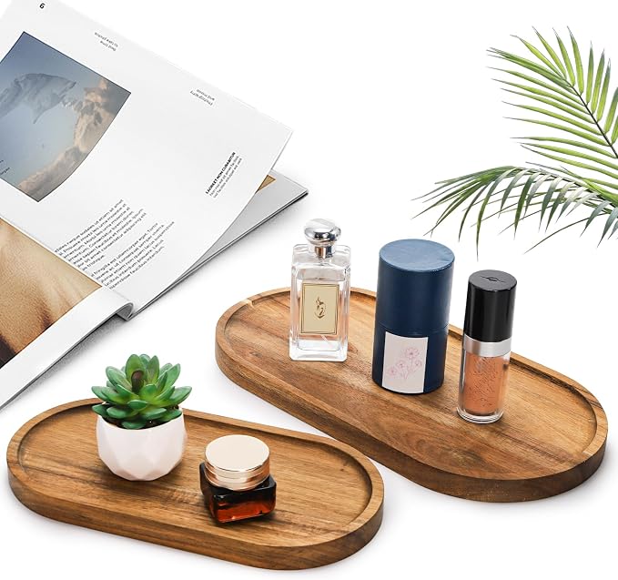 Elsjoy Set of 2 Acacia Wood Serving Trays, Long Wooden Serving Platter Oval - Image 7