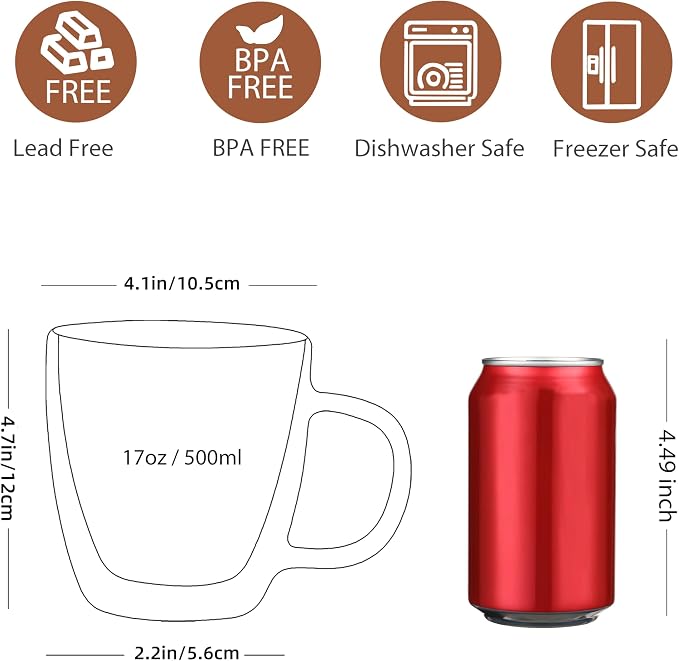 CNGLASS Large Glass Coffee Mugs 17oz, Double Walled Insulated Clear Coffee Cups - Image 2