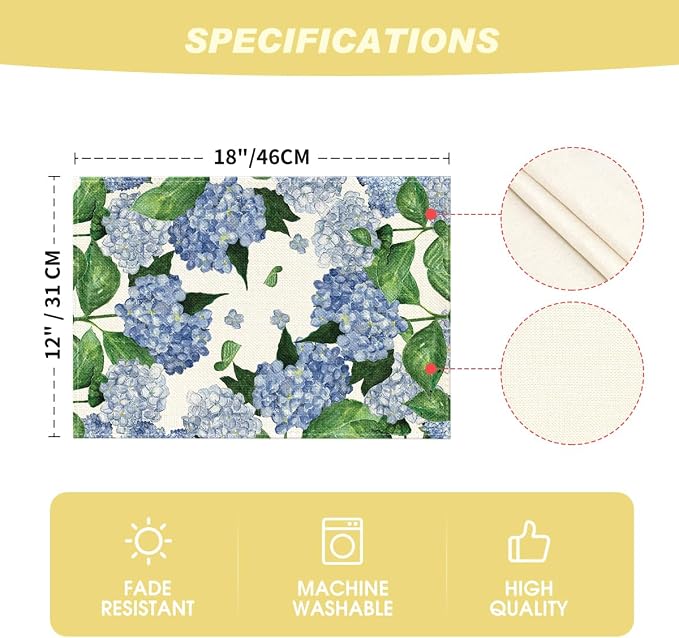 Artoid Mode Watercolor Hydrangea Summer Placemats Set of 6, 12x18 Inch Seasonal - Image 6
