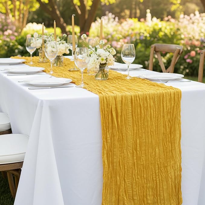 3 Pack Gold Cheesecloth Table Runner 120 Inch Boho Wedding Decor | Cheesecloth - Image 7
