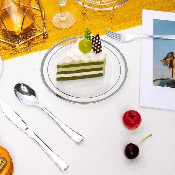 BESTSTAR 7 Inch Clear with Silver Rim Plastic Plates | 100PCS Disposable - Image 3