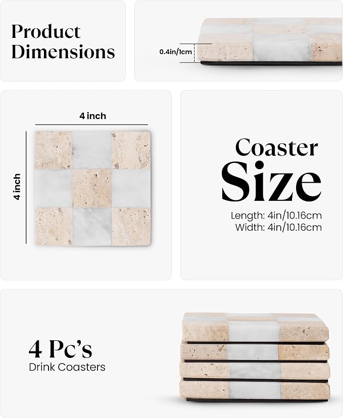Marble Coasters Set of 4, Travertine & White Matt Handmade 4 inch Square - Image 6