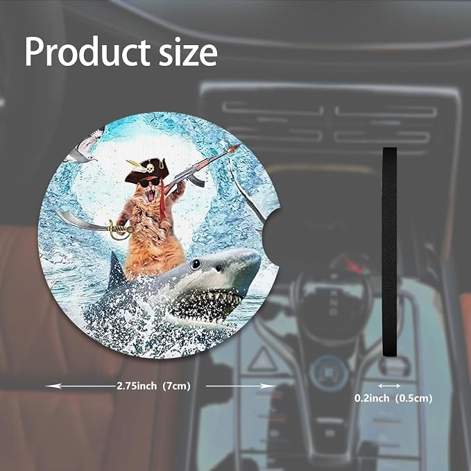 2pcs Cute Shark and Cat Car Coasters, Absorbent Universal neoprener Cup Holder - Image 2