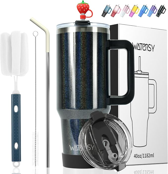 40 oz Shiny Tumbler with Handle and Straw, Stainless Steel Tumbler with Lid and by Watersy