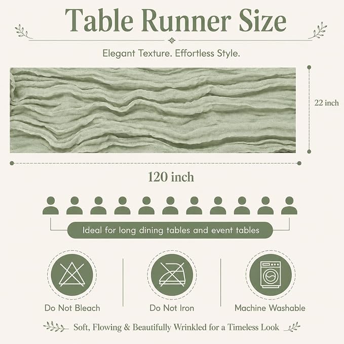 10 Pack Sage Green Cheesecloth Table Runner 22x120 Inch Boho Gauze Table Runners - Image 2