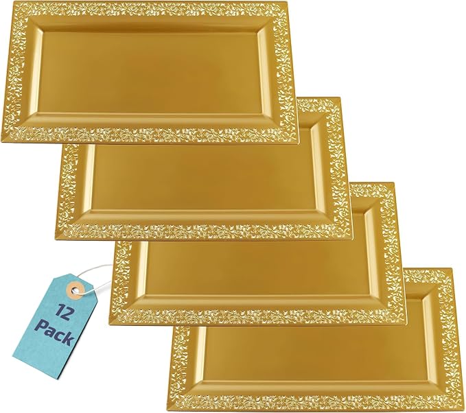 Yumchikel-Decorative Plastic Serving Tray & Platter Set-Gold & lace Rim Serving by Yumchikel
