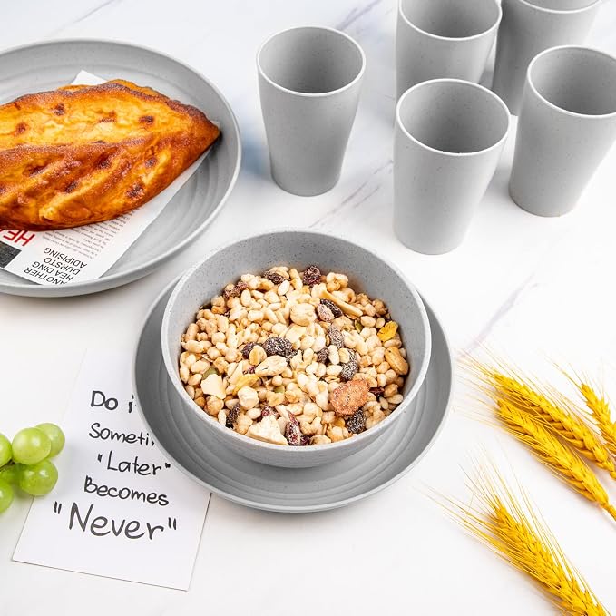 32Pcs Grey Wheat Straw Dinnerware Sets, Unbreakable Dish Set - Image 4