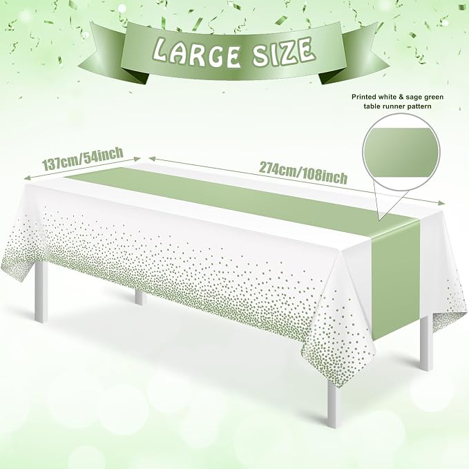 1Pcs White and Sage Green Tablecloth Decorations, Plastic White Table Cloth - Image 2
