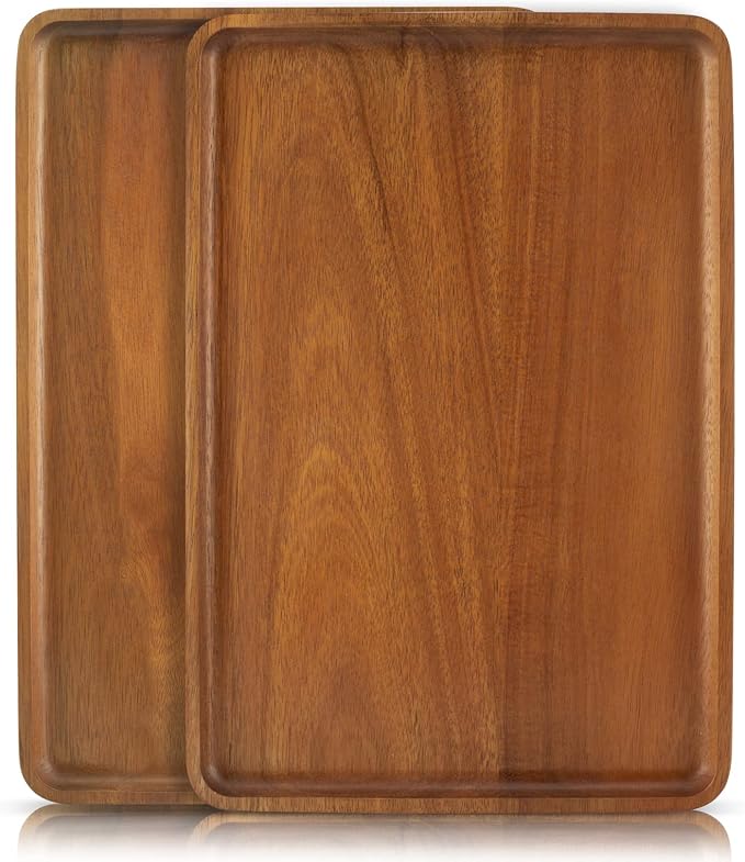 2 PCS 13 x 9 in Solid Acacia Wood Serving Trays Rectangular Wooden Serving by focusonwoodandbamboo