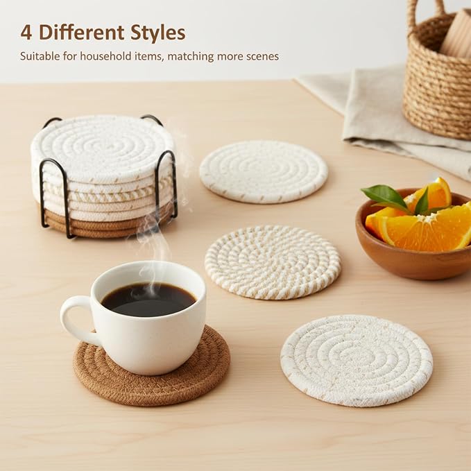 Drink Coasters Set of 8 with Holder, Cotton Woven | Absorbent cotton woven - Image 2