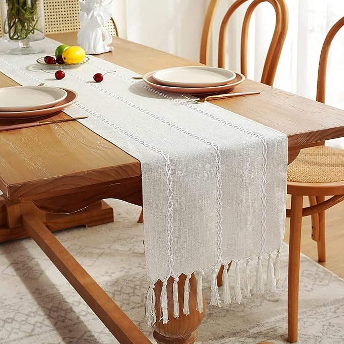 Wracra Rustic Linen Table Runner, Ivory Table Runners 108 inches Long | Raised - Image 6