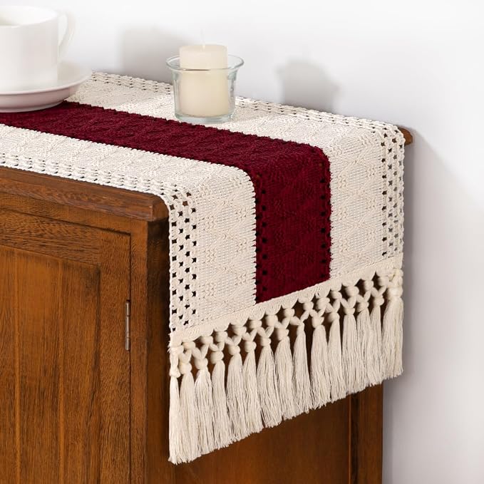 DeZerlor Ivory&Burgundy Boho Macrame Farmhouse Woven Table Runner 90Inch | - Image 4