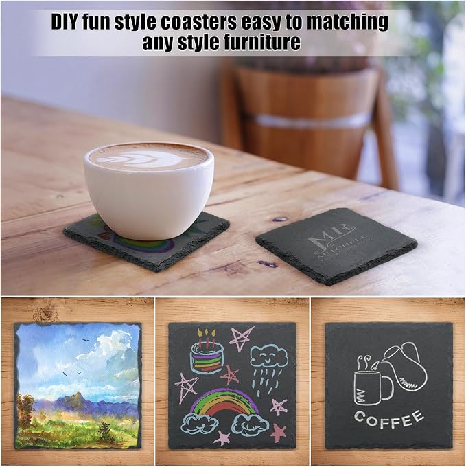 VIBRATITE 6 Pack 4 Inch Square Black Slate Drink Coasters | Laser Engraving - Image 5