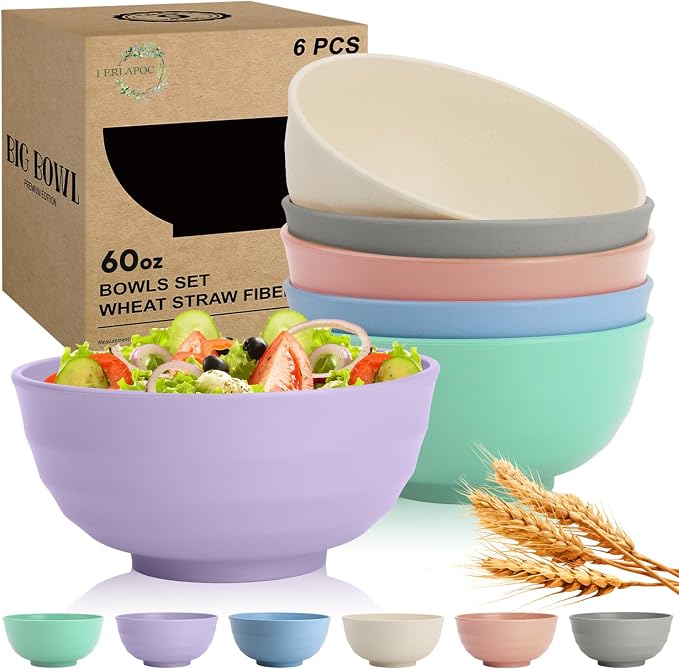Large Serving Bowls Set of 6, 60 OZ Wheat Straw Bowls Unbreakable, Microwave by Perlapoc