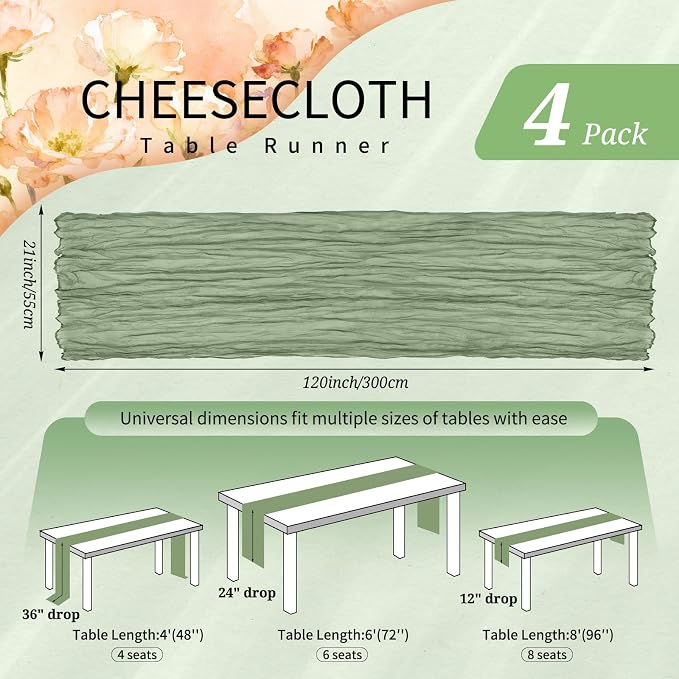 4 Pack Cheesecloth Table Runner 10FT Sage Green Table Runner Boho Gauze Cheese - Image 2