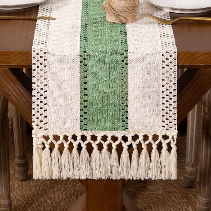 DeZerlor Ivory&Sage Green Boho Macrame Farmhouse Woven Table Runner 48Inch | - Image 6