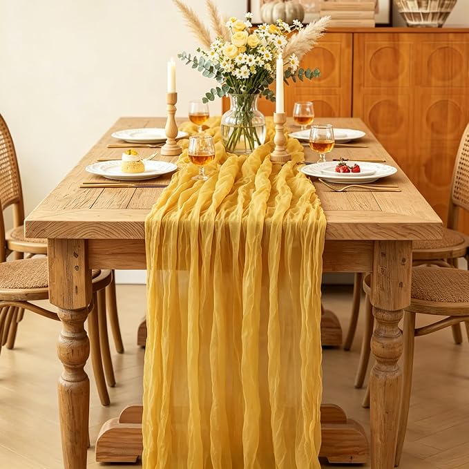 3Pcs Yellow Table Runner, 10FT Rustic Gauze Gold Table Runner 35*120inch Boho - Image 5