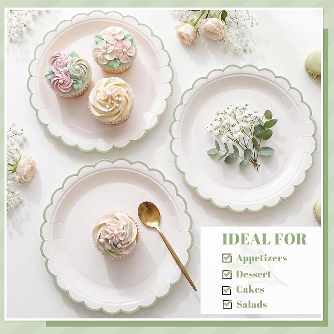 NatNarr 30 Pk Sage Green Paper Plates 9" Scalloped Green White Party Plates | - Image 4