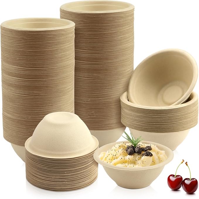 LeonBach 100 Pack 6 oz Natural Bagasse Fiber Paper Bowls, Small Compostable by LeonBach