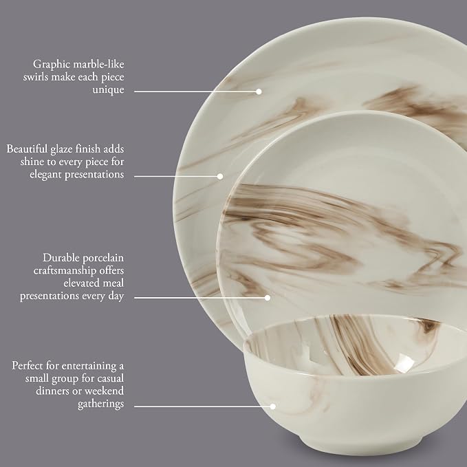 Gibson Home Cloudlight 12 Piece Plates and Bowls Dishes Brown and White - Image 3