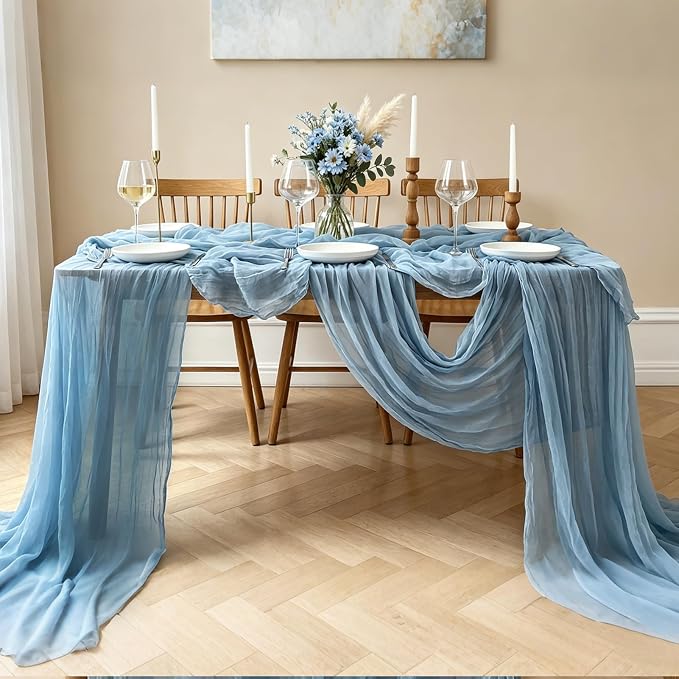 Dust Blue Cheesecloth Table Runner, 10FT Rustic Blue Boho Gauze Table Runner - Image 7