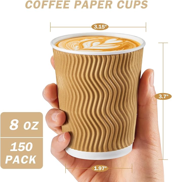 Clawsoff 150 Pack 8 oz Disposable Paper Coffee Cups Insulated Champagne | - Image 2