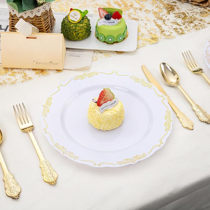 DaYammi 60PCS White and Gold Plastic Plates - Image 2