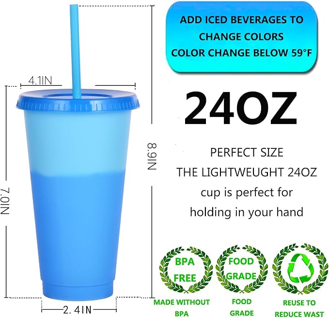 Color Changing Cups, 9 Pack 24oz Plastic Tumblers, Reusable Iced Coffee & - Image 2