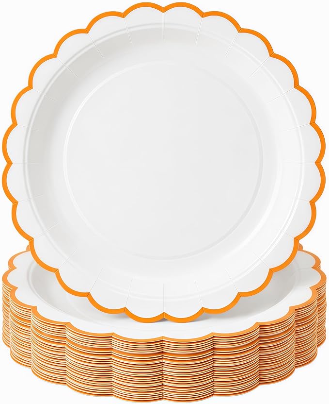 30 Pack Orange and White Paper Plates 7 Inch, Disposable Scalloped Plates by Unknown