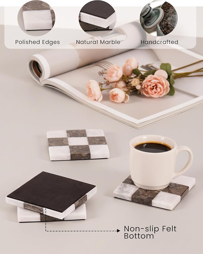 Marble Coasters Set of 4, Square Drink Checkered Coasters - Image 3