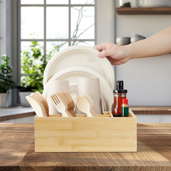 ALELION Bamboo Utensil Holder for Party, Paper Plate Organizer for Countertop - Image 3