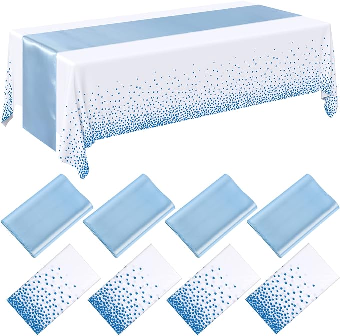 8 Pack Winter Baby Blue and White Disposable Plastic Tablecloths and Satin by Breling