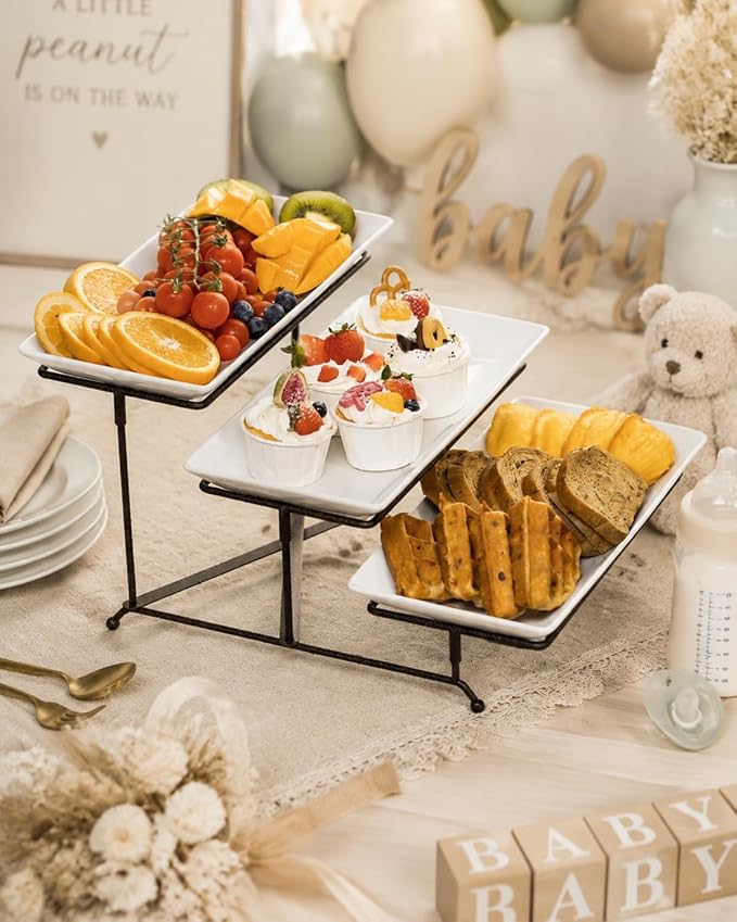 LAUCHUH 3 Tier Serving Tray for Party, Porcelain Tiered Serving Tray Stand | - Image 4