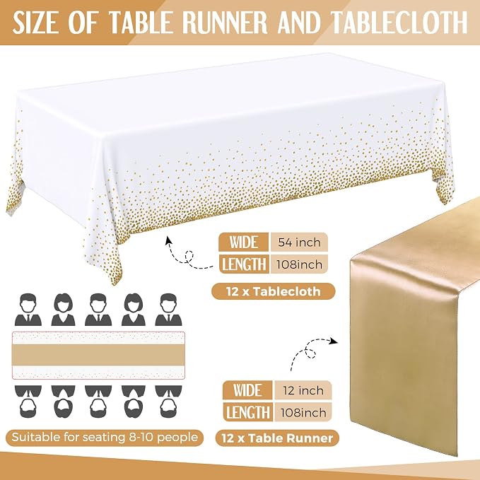24 Packs White and Gold Disposable Plastic Tablecloths and Satin Table Runner - Image 2
