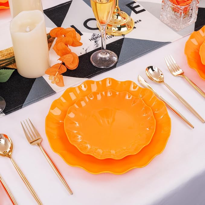 LIYH 24Pcs Orange Plastic Plates Reusable, Dinner And Salad Set - Image 6
