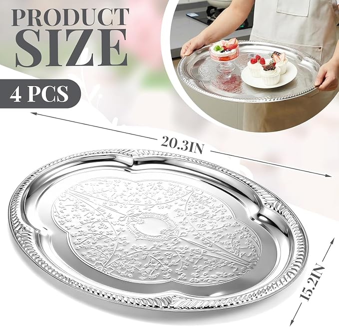 4-Pack Large Silver Serving Tray 20.3 x 15.2 Inch Mirror Platter Set - Image 2