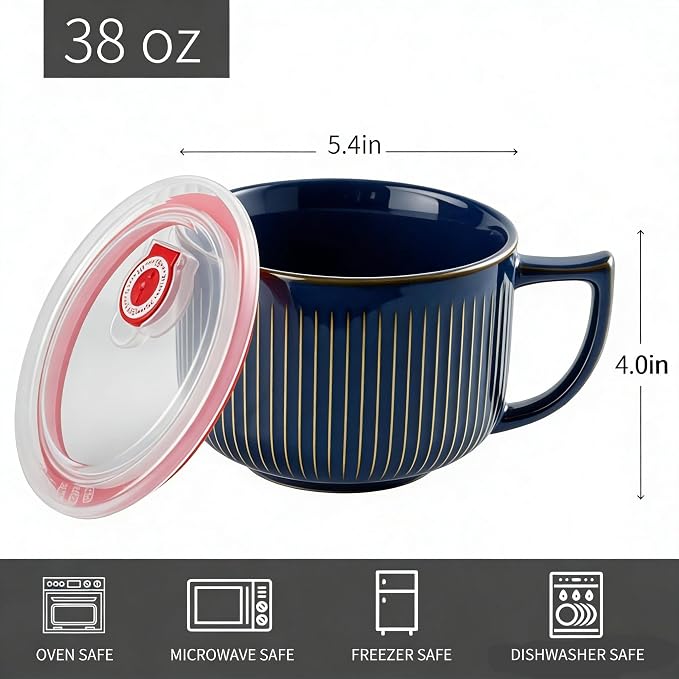 Ceramic Soup Bowl with Handle&Lid, Jumbo 38oz Microwave Ramen Bowl Set of 2 | - Image 2