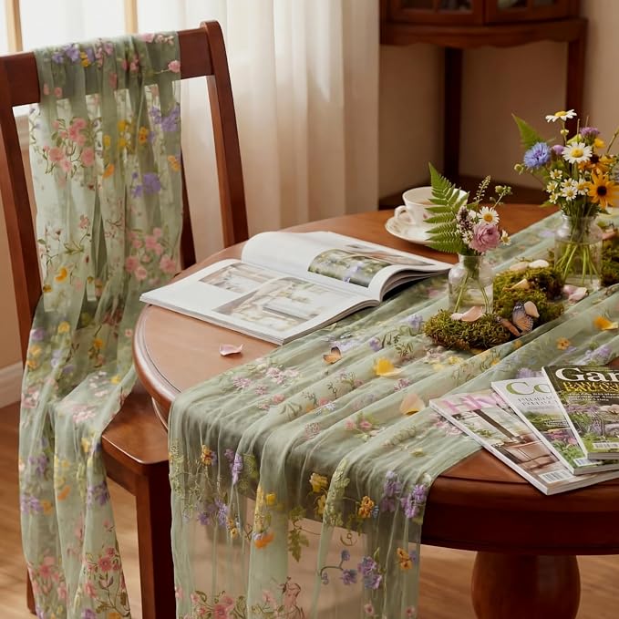 Sage Green Floral Table Runner 10ft Embroidery Tulle Spring Wildflower Gauze - Image 6