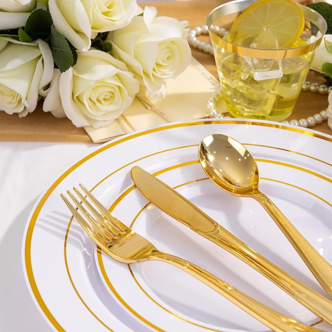 WELLIFE 600 PCS Gold & White Disposable Dinnerware Set - Image 2