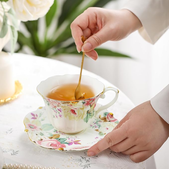 TATSUMI Country Roses Bone China Tea Cup and Saucer Set, 6 Pieces, Vintage Style - Image 3