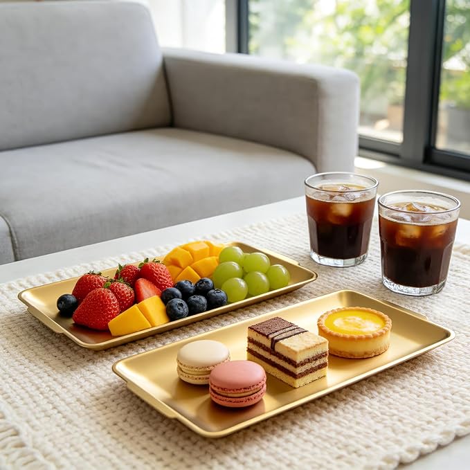 2Pcs 304 Stainless Steel Food Serving Trays, 12.6" Rectangular Gold Platters - Image 7