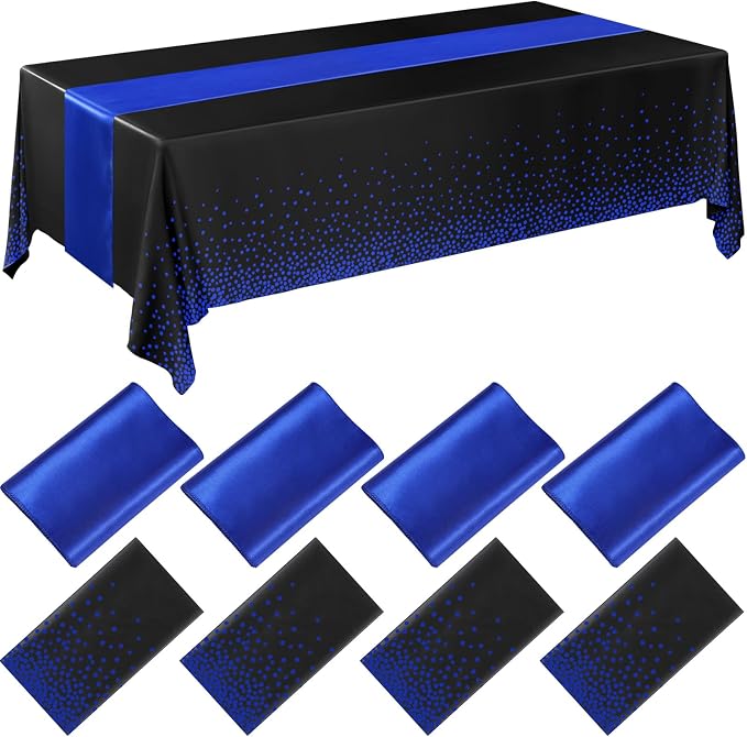 8 Pack Black and Blue Disposable Plastic Tablecloths and Satin Table Runner Set by Breling