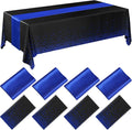 8 Pack Black and Blue Disposable Plastic Tablecloths and Satin Table Runner Set by Breling