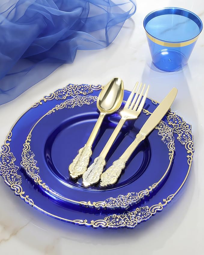 350 Piece Clear Blue Plastic Dinnerware Set - Image 4